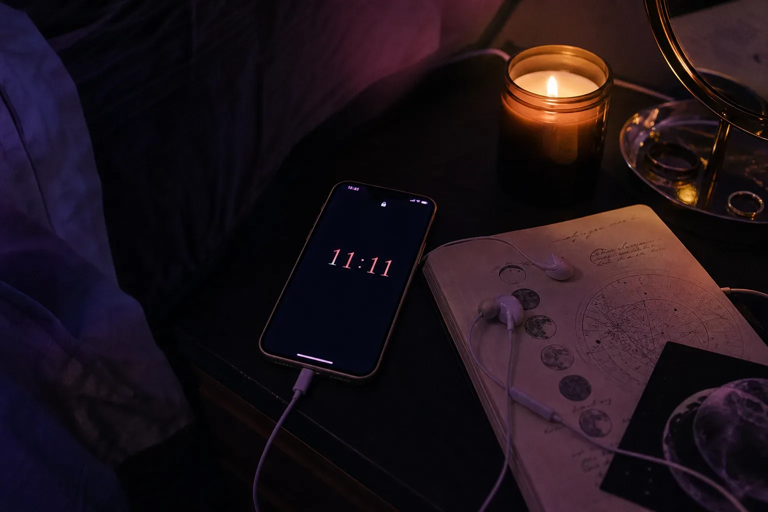 Phone beside candle at 11:11 on quiet nightstand