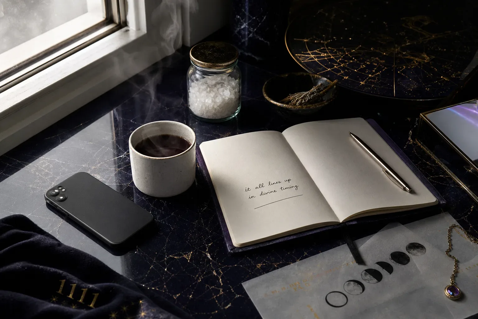 Phone and salt jar beside morning coffee