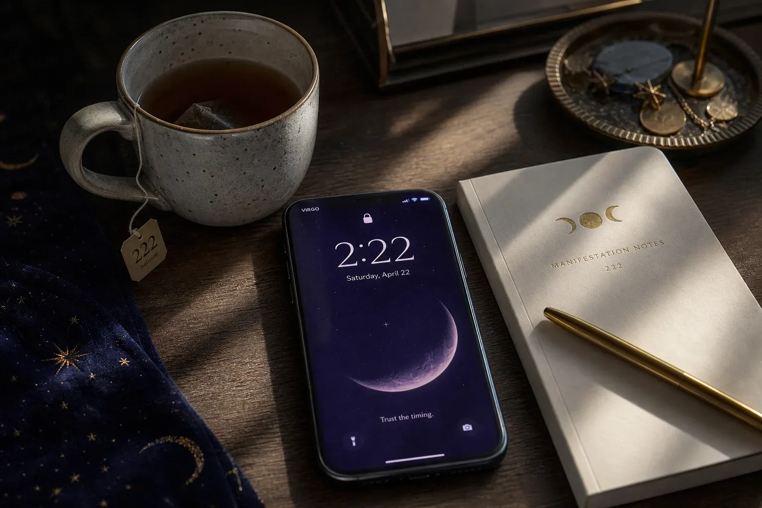 Phone beside tea with 222 on screen