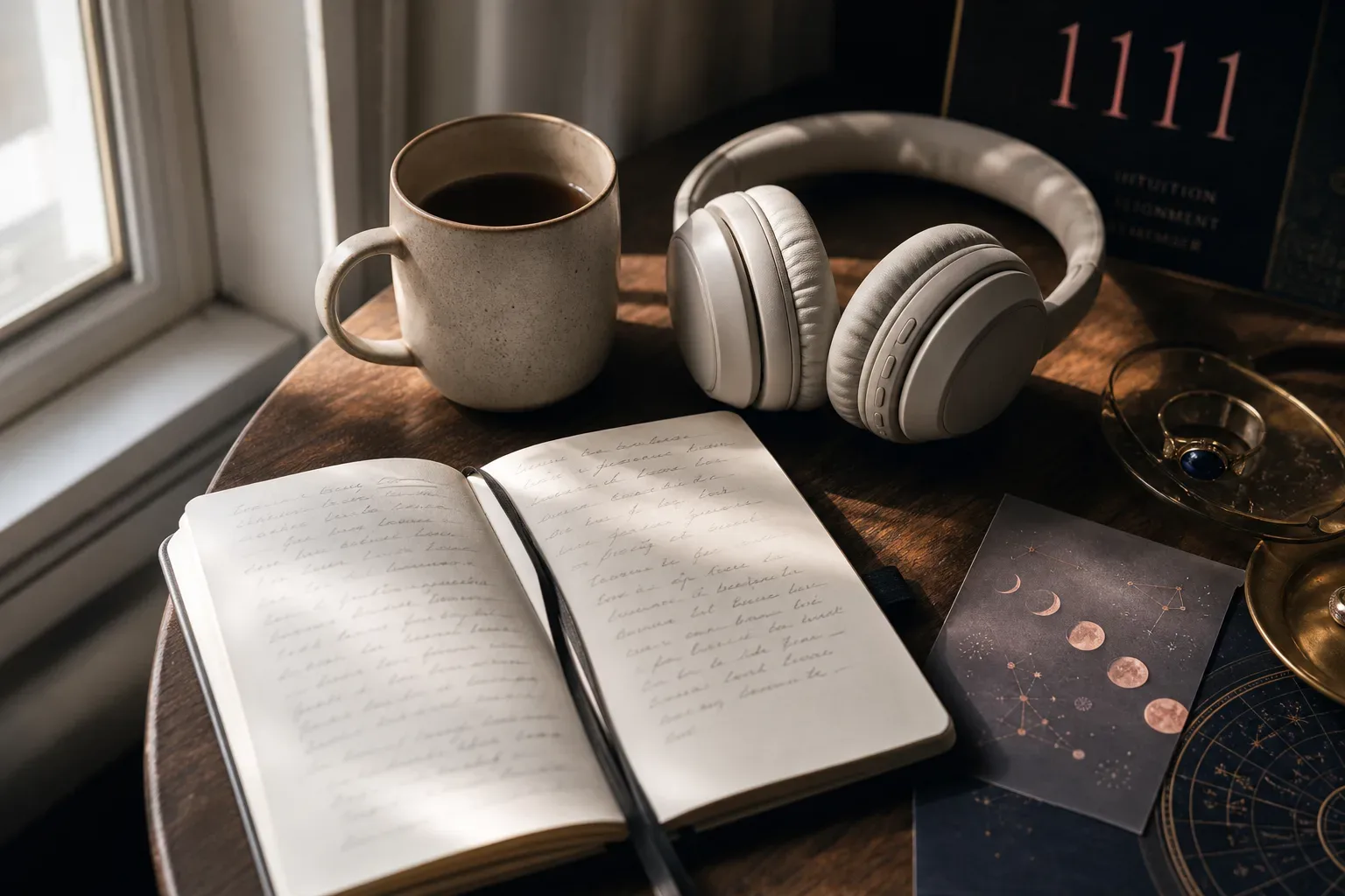 Headphones beside a notebook in morning light
