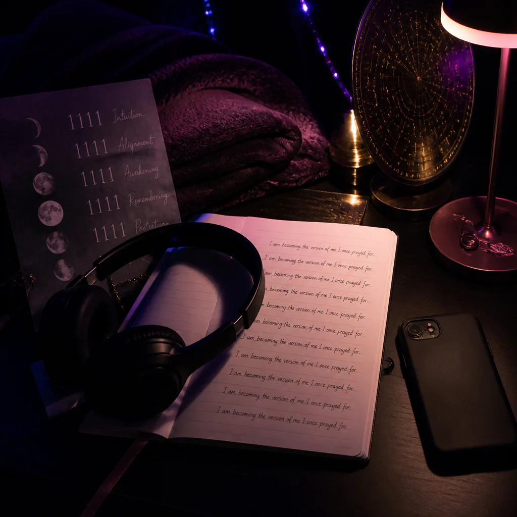 Night practice with notebook and headphones