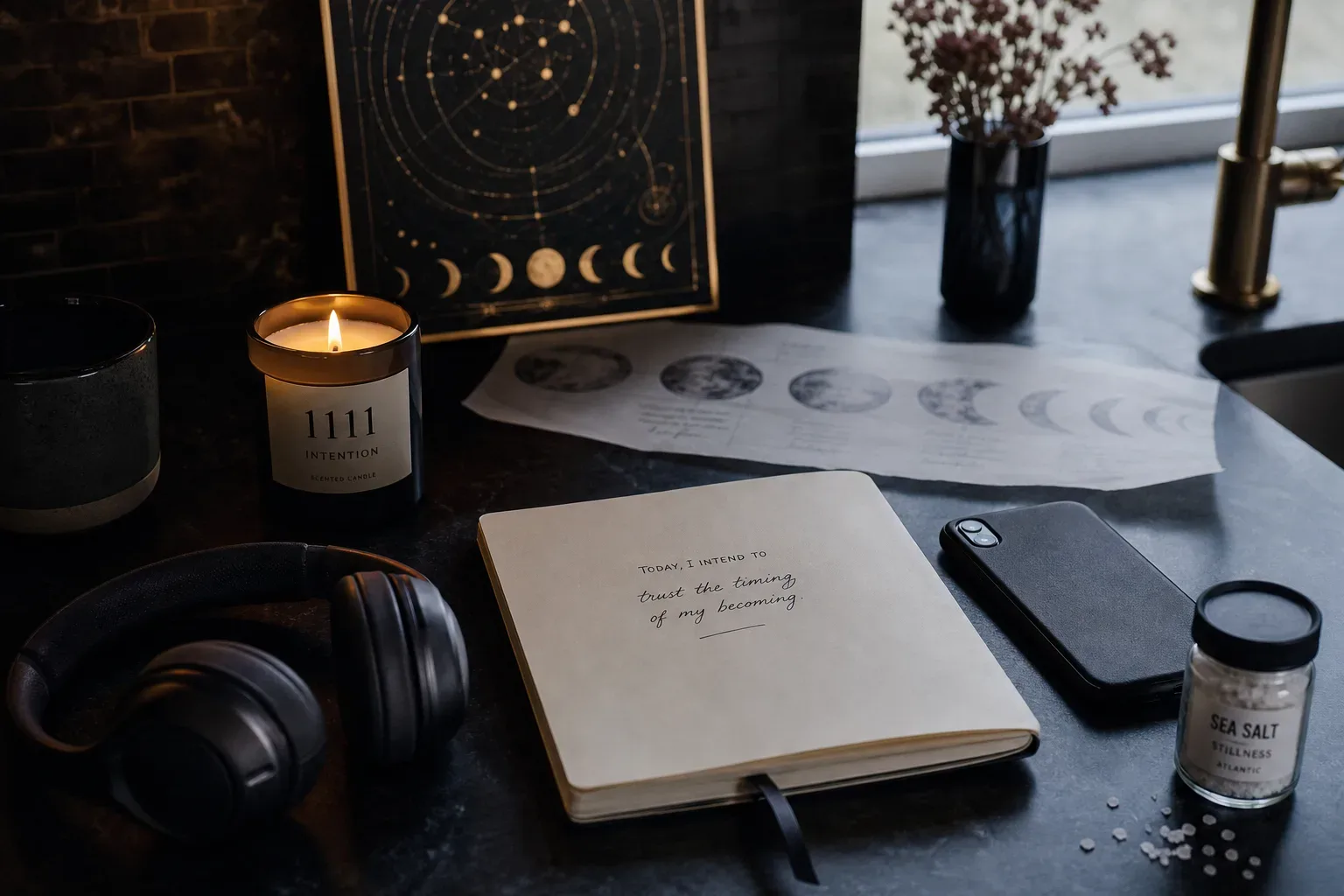 Headphones beside candle and handwritten manifestation notes