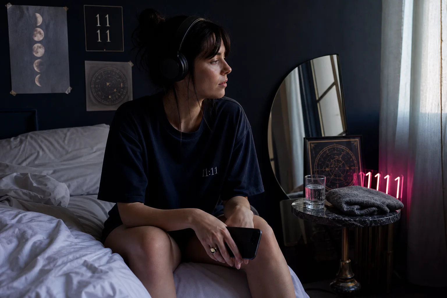 Person listening to morning audio beside soft window light
