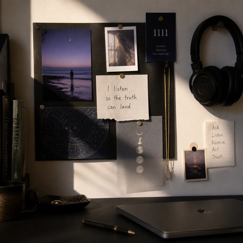 Small manifestation board beside headphones and morning light