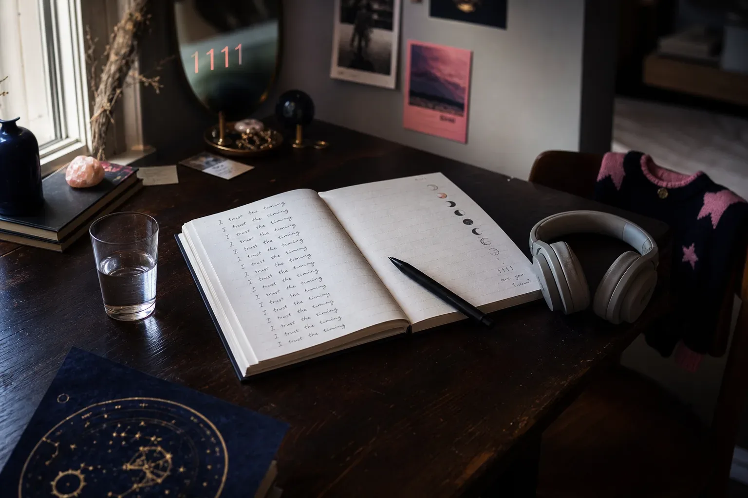 Notebook, headphones, and pen on a quiet desk