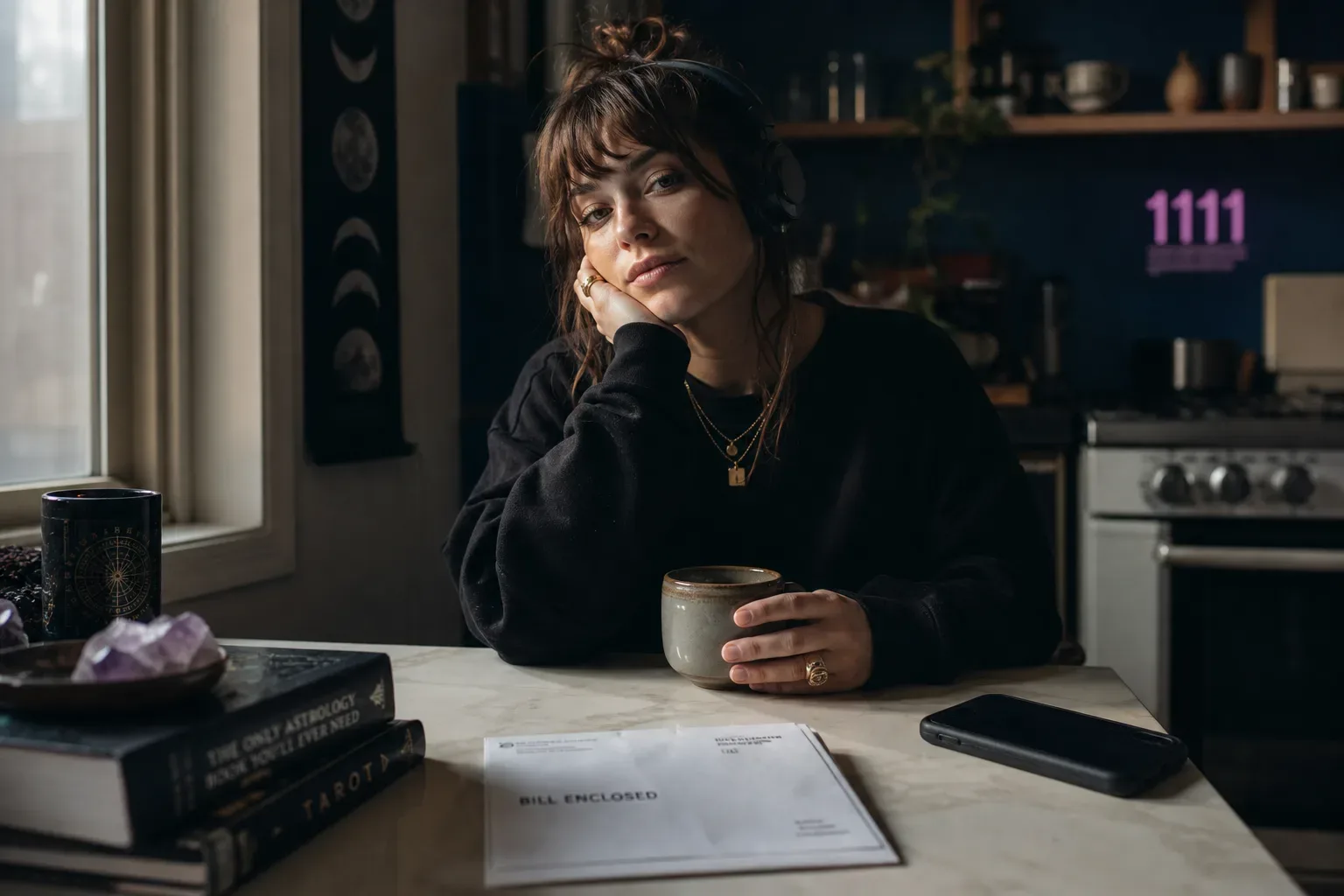Woman listening quietly beside unopened bills