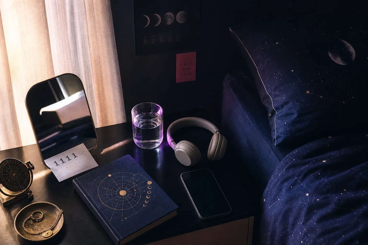 Quiet bedside table with headphones and morning light