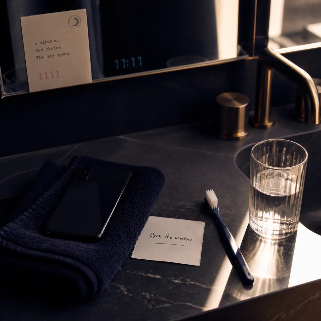 Bathroom sink with phone and handwritten morning note