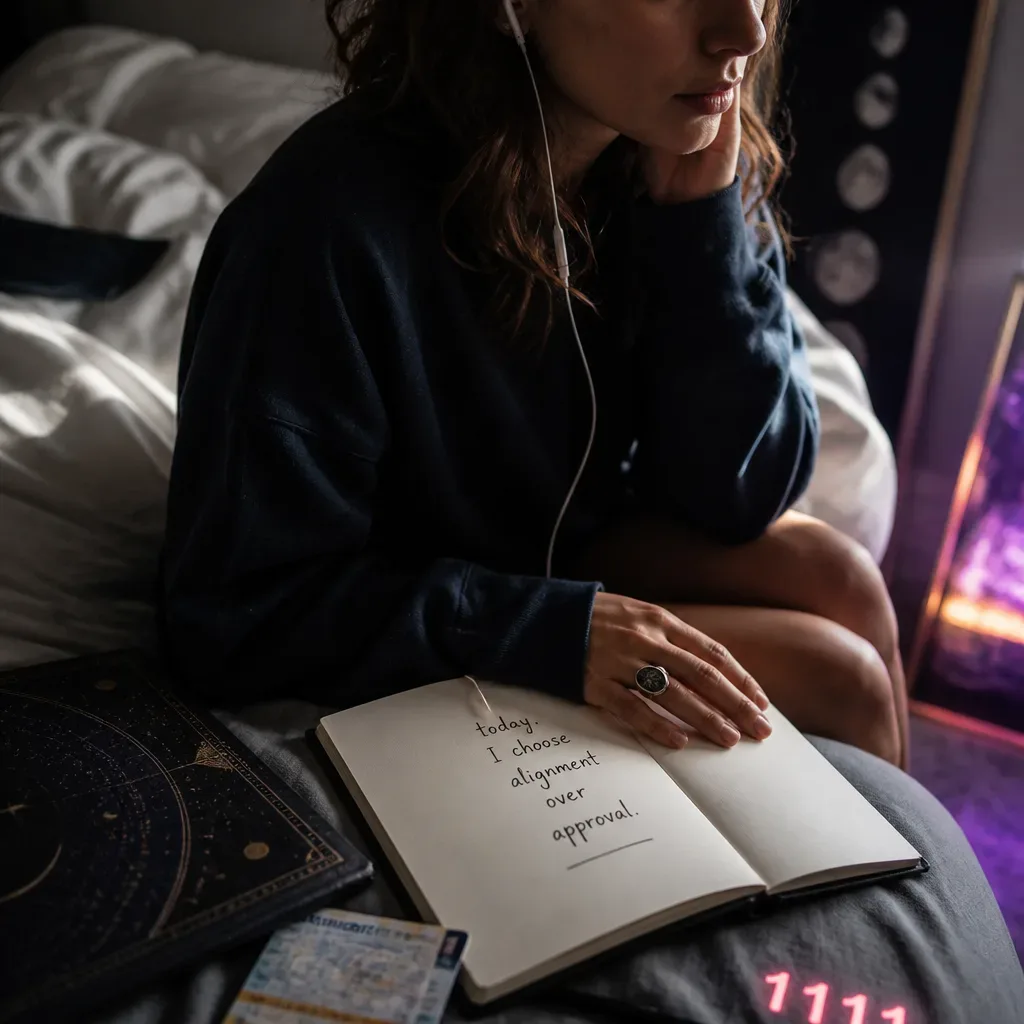 Person listening to audio beside an open notebook