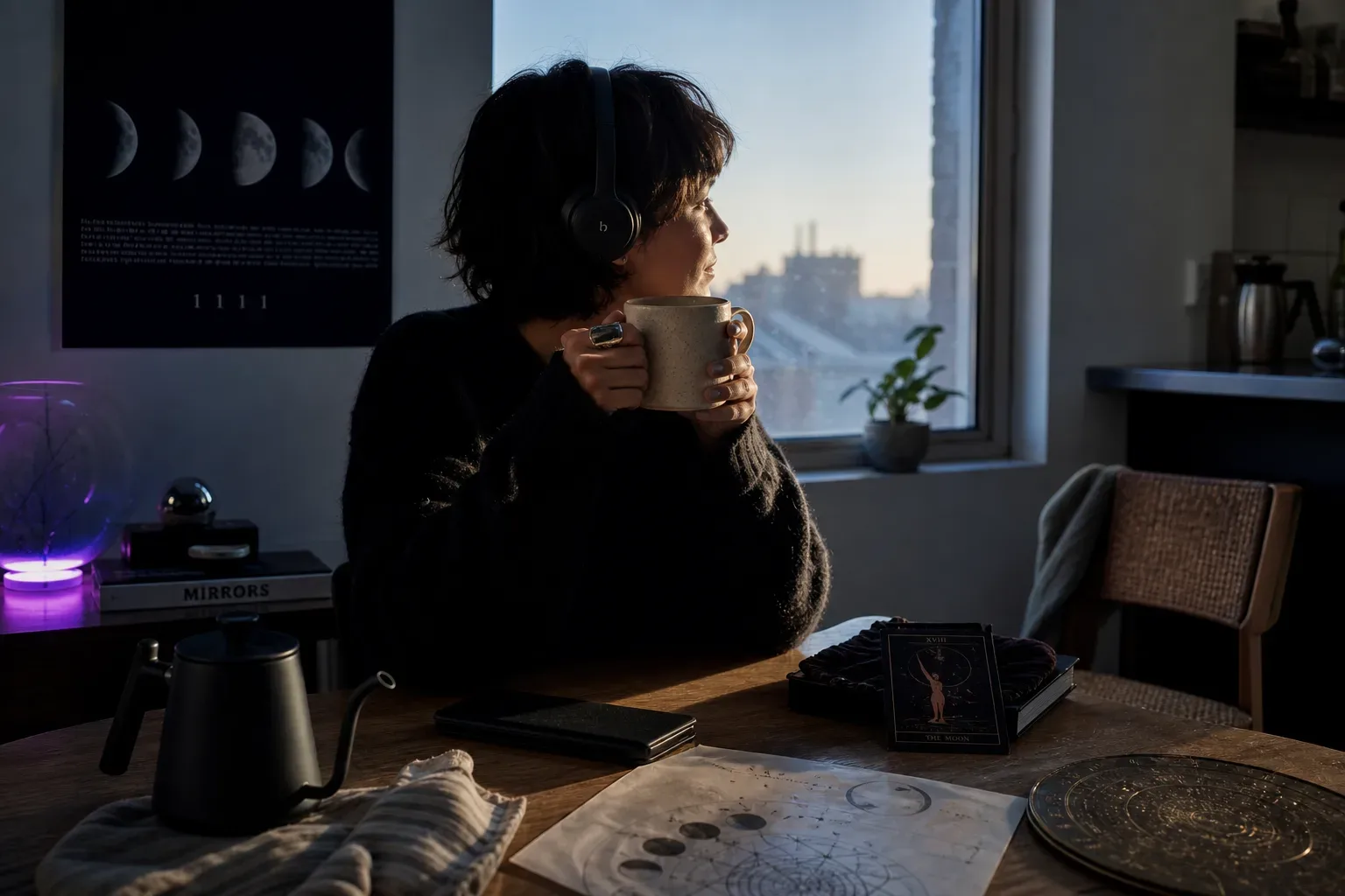 person listening quietly beside a morning window