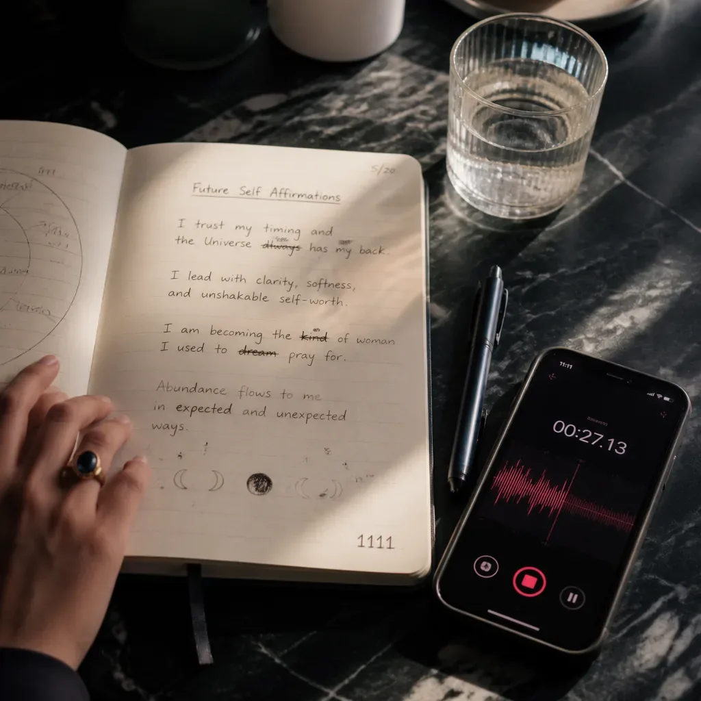 notebook with future-self affirmations beside phone