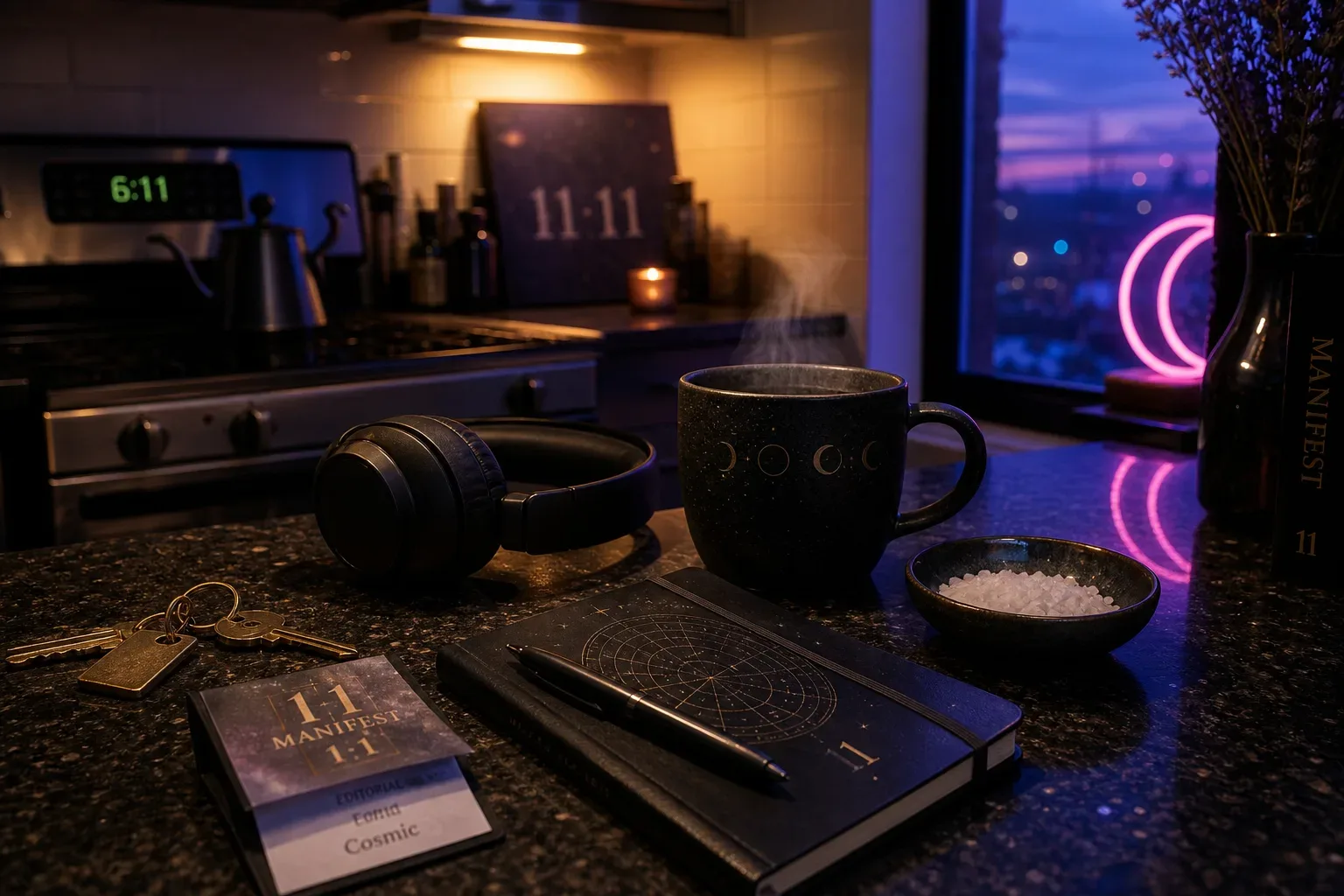 Evening kitchen counter with headphones and warm tea
