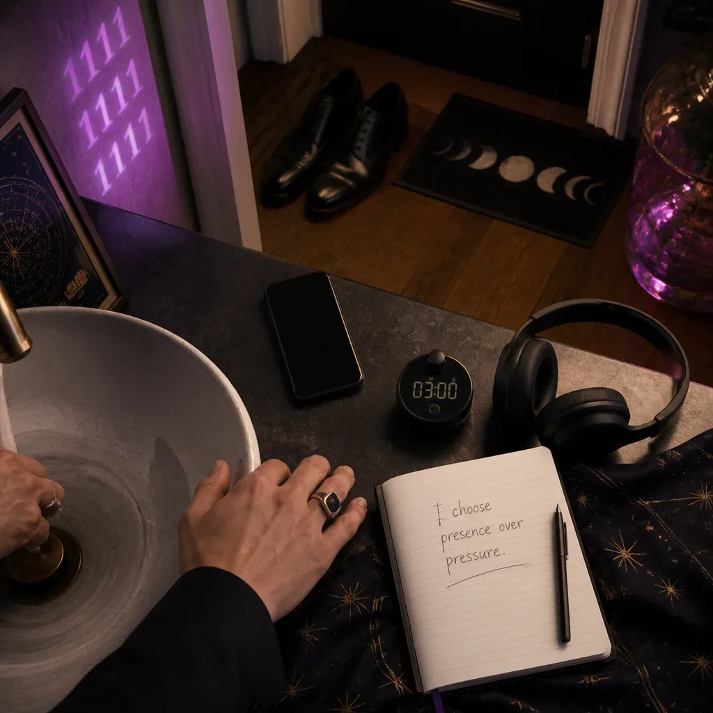 Hands setting up a three-minute after-work audio ritual