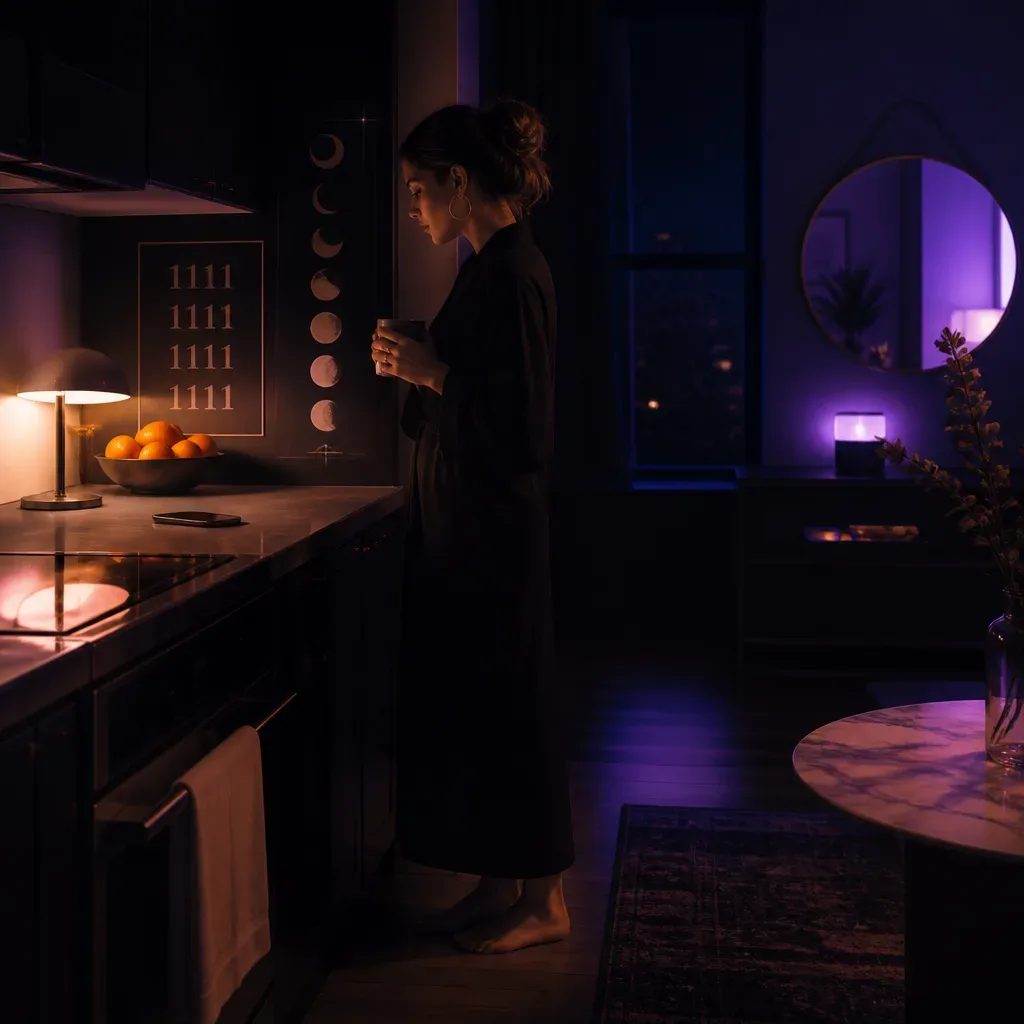 Woman pausing in kitchen with phone out of reach