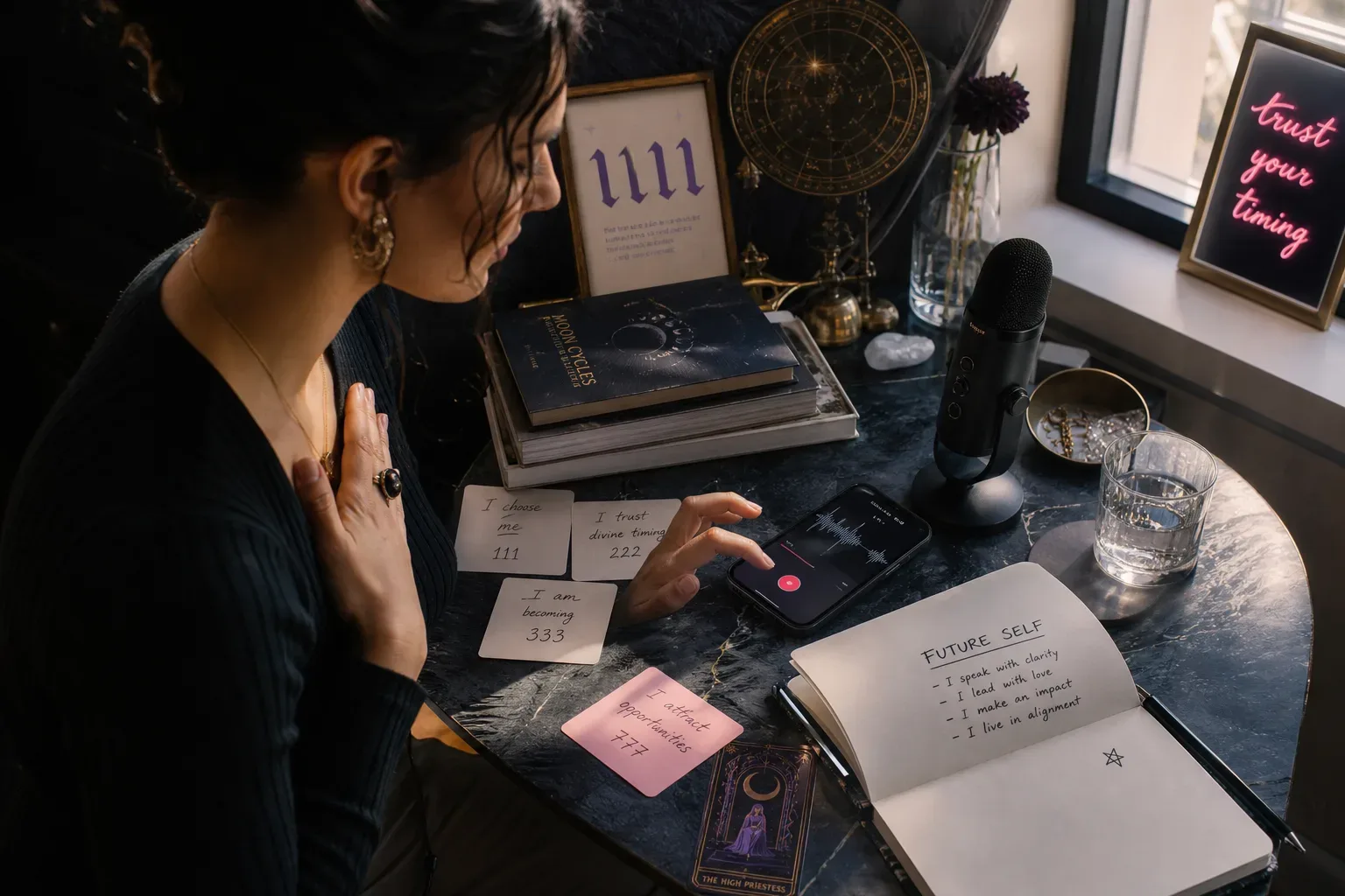 Person recording future self audio beside handwritten affirmations