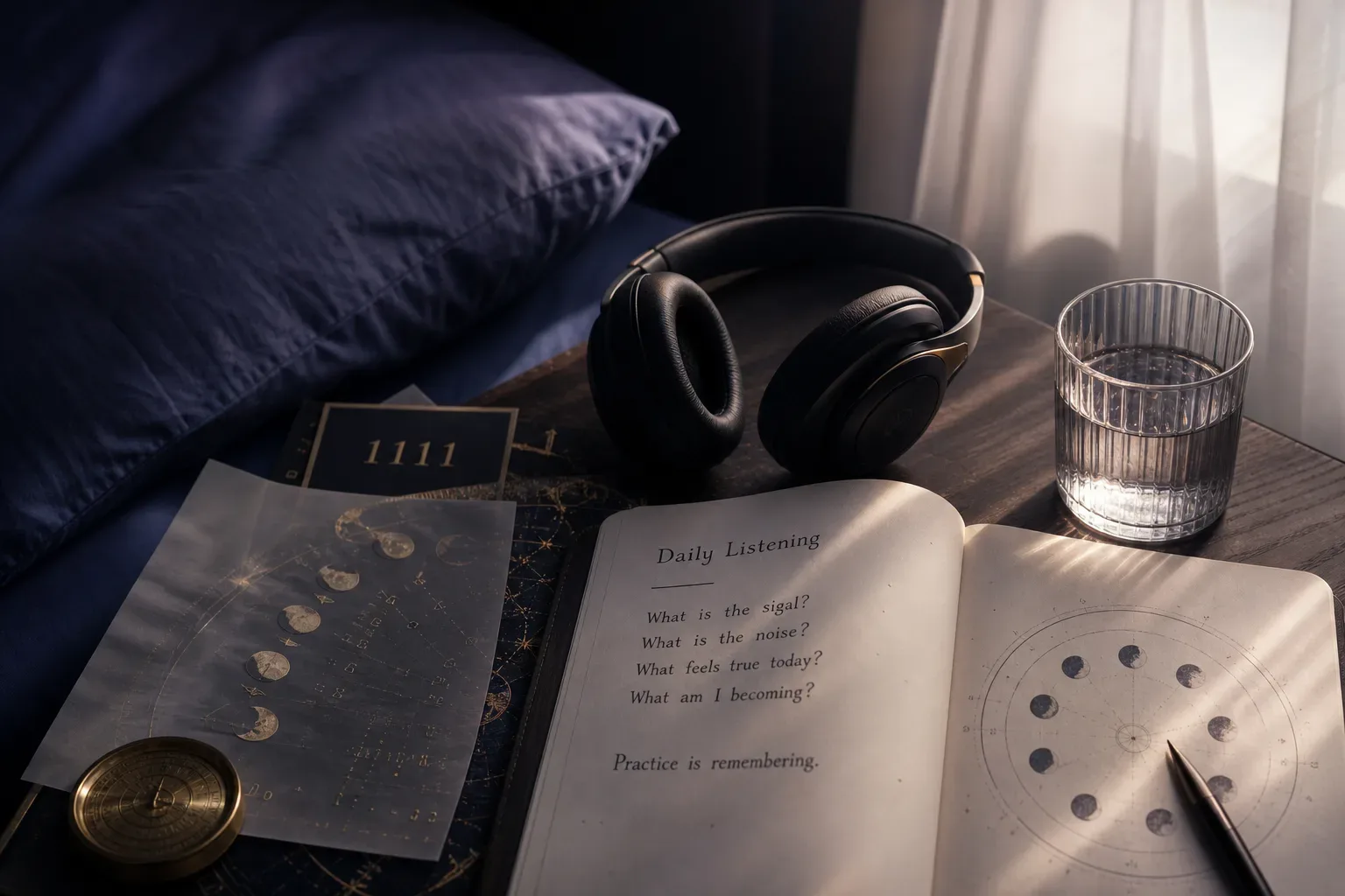 Headphones beside a notebook in morning light