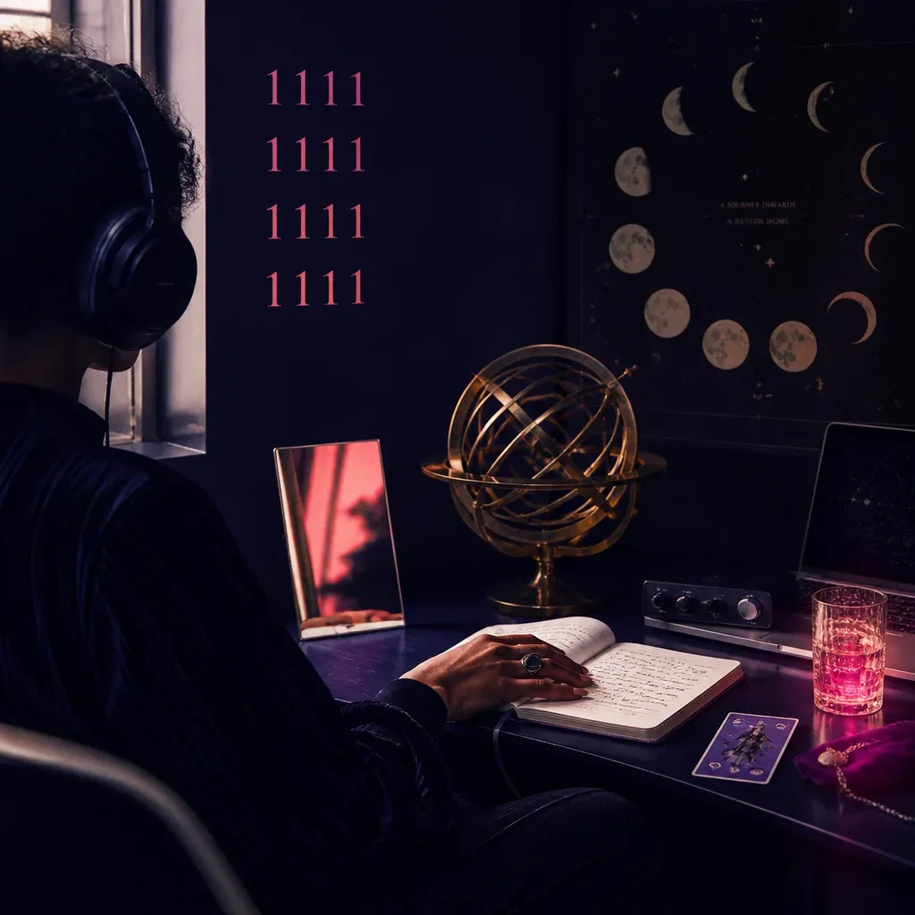 Person listening with journal open beside headphones