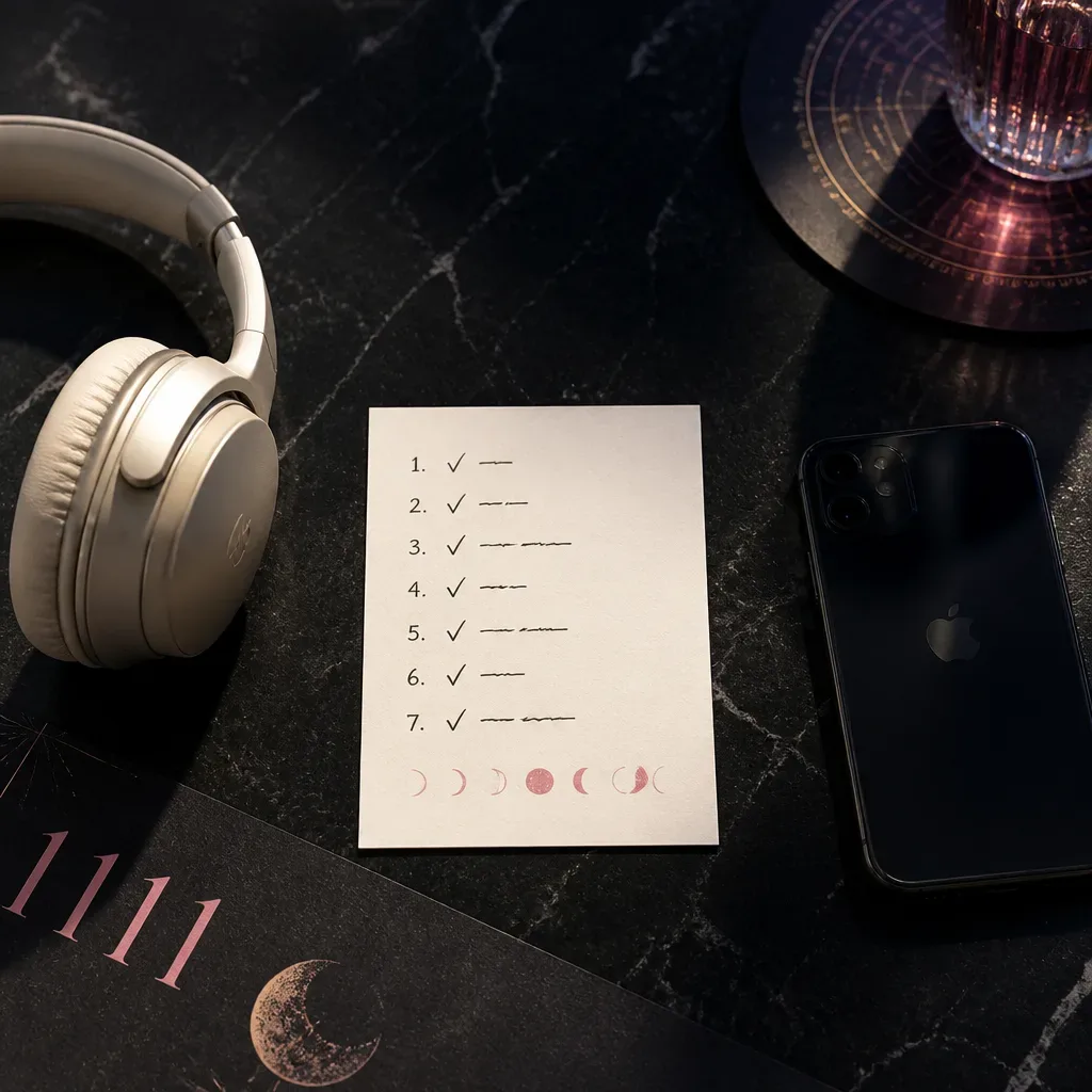 Seven day listening notes beside quiet headphones