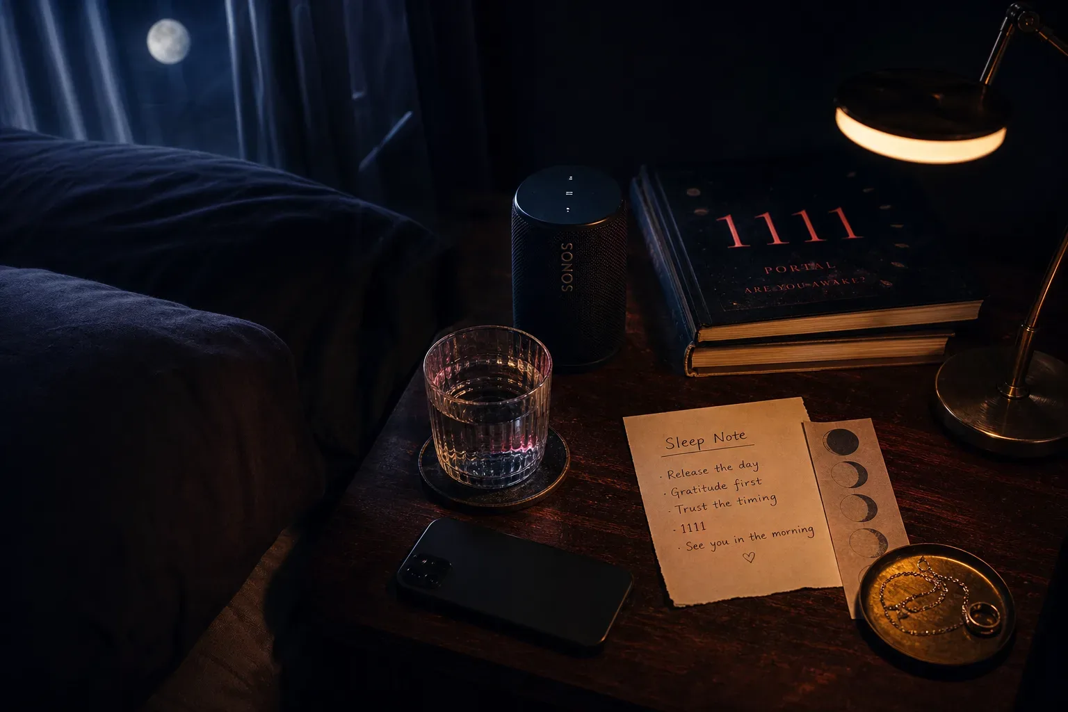 Bedside speaker glowing beside a sleeping journal