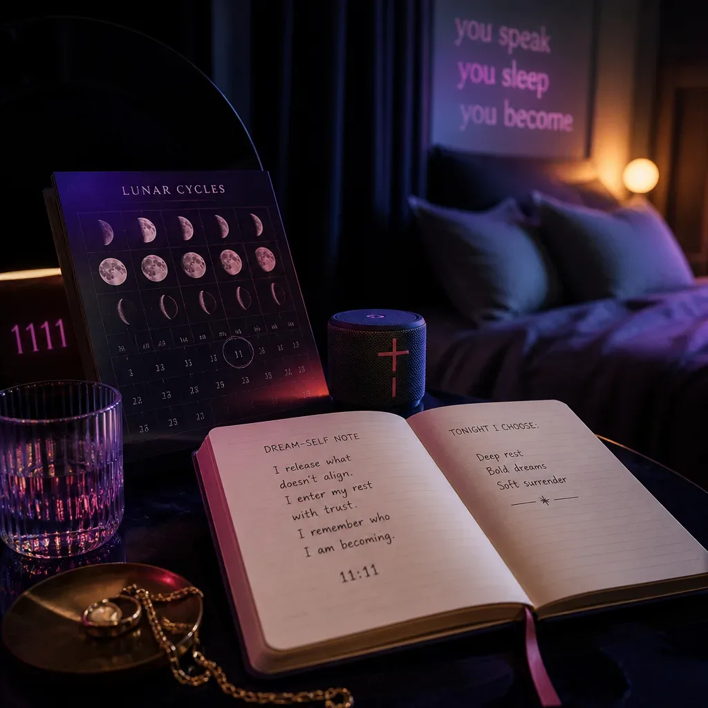 Dream-Self journal beside speaker and lunar calendar