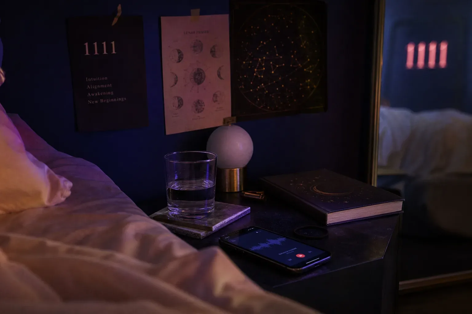 Quiet bedside table with phone and morning water