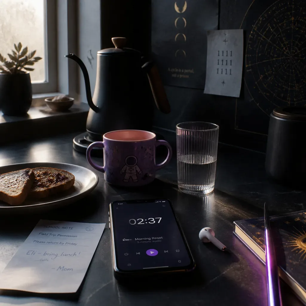 Phone playing audio beside kettle and breakfast