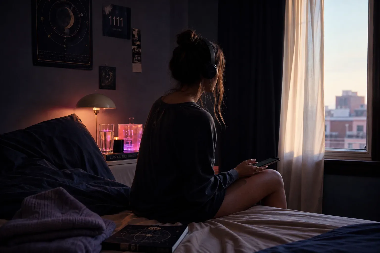 Person listening quietly beside a sunlit bedroom window