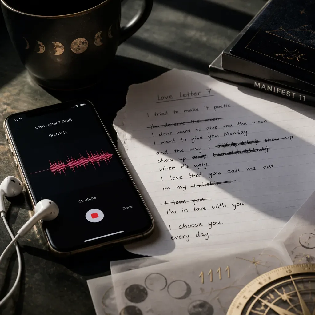 Handwritten Dream-Self audio script beside earbuds