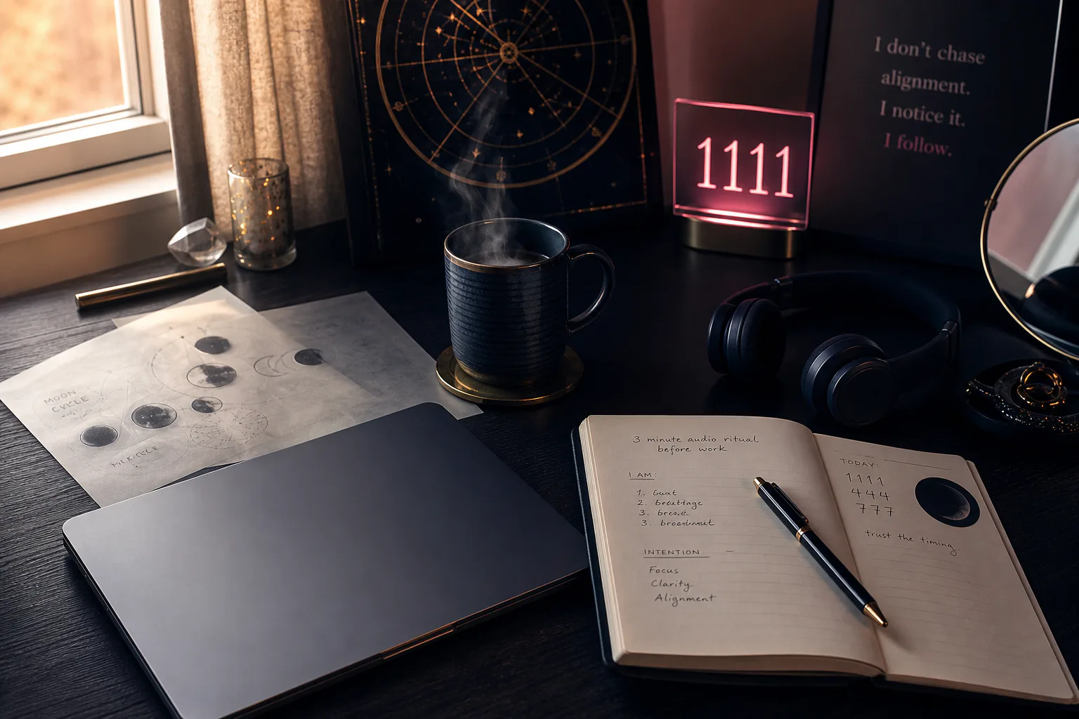 Morning desk with headphones and soft window light