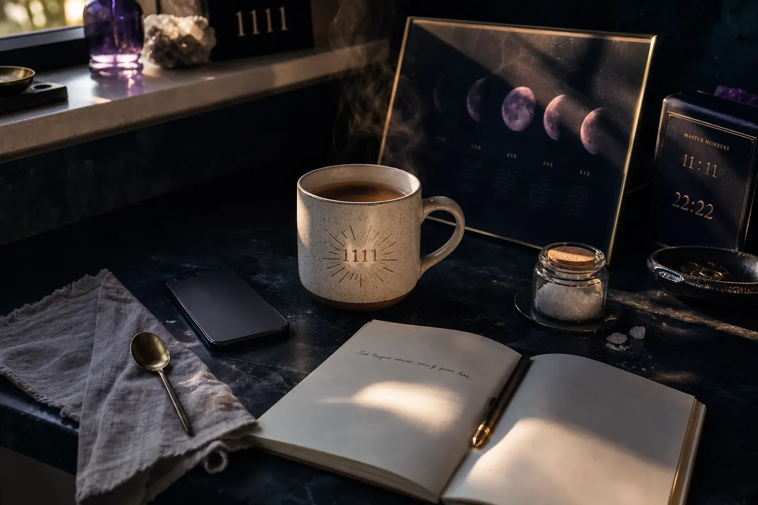 Morning coffee cup beside phone and open notebook