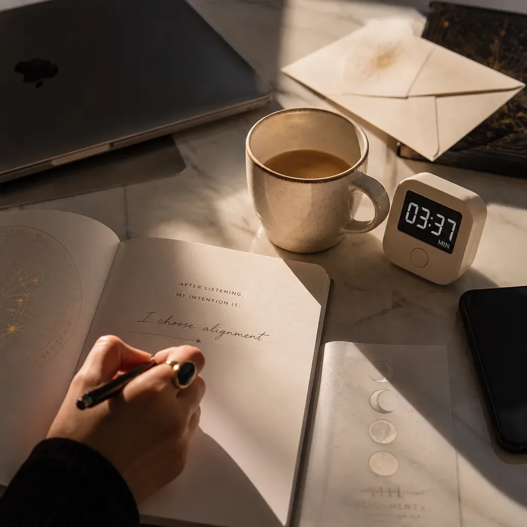 Notebook intention written beside morning coffee
