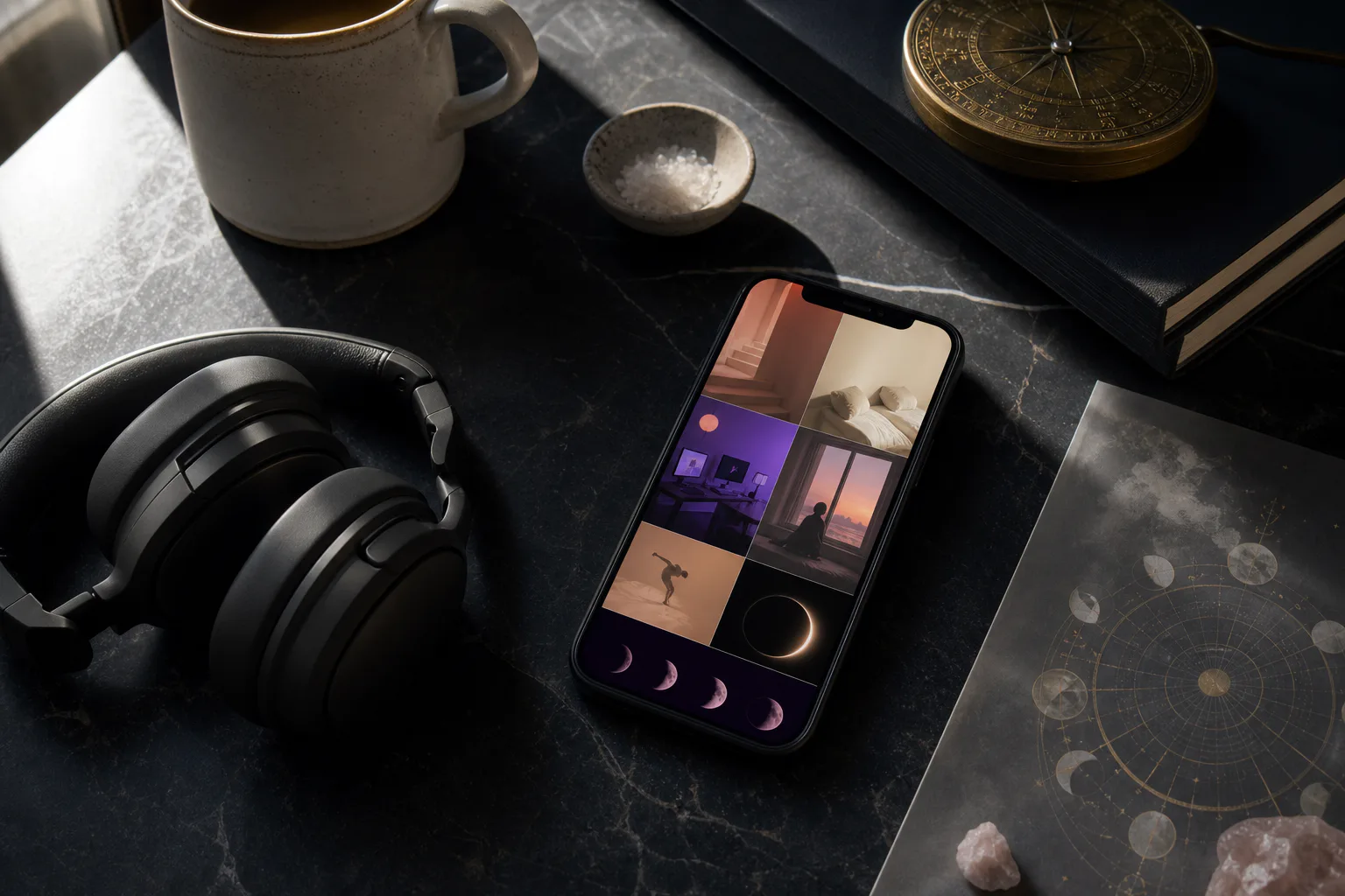 Phone vision board beside quiet morning headphones