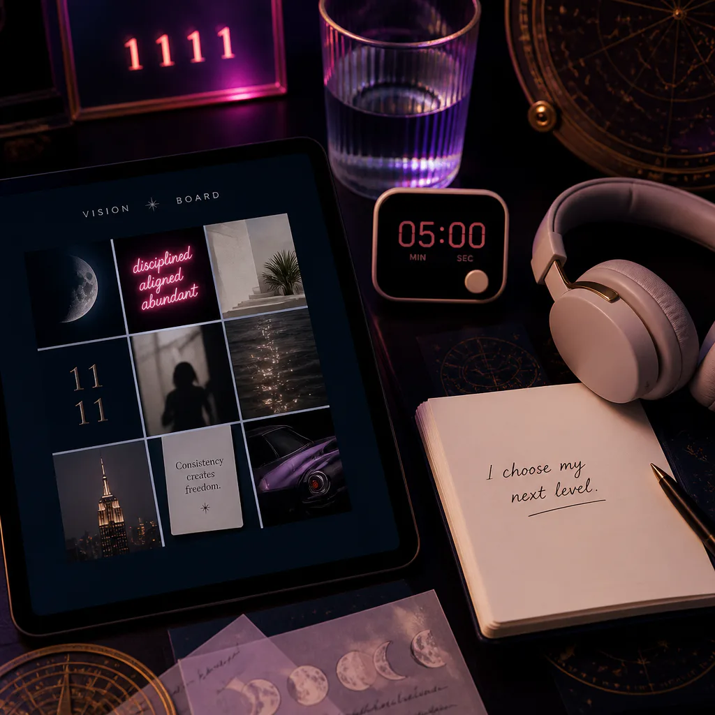 Digital vision board and headphones on desk