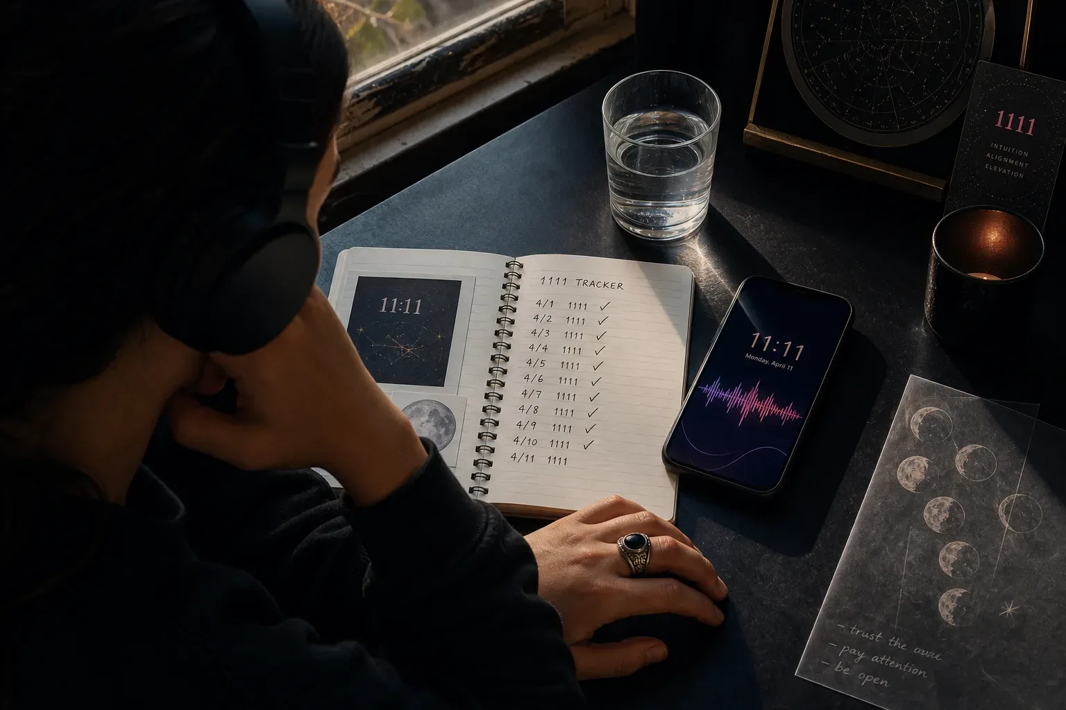 Person listening to audio beside an 11:11 clock