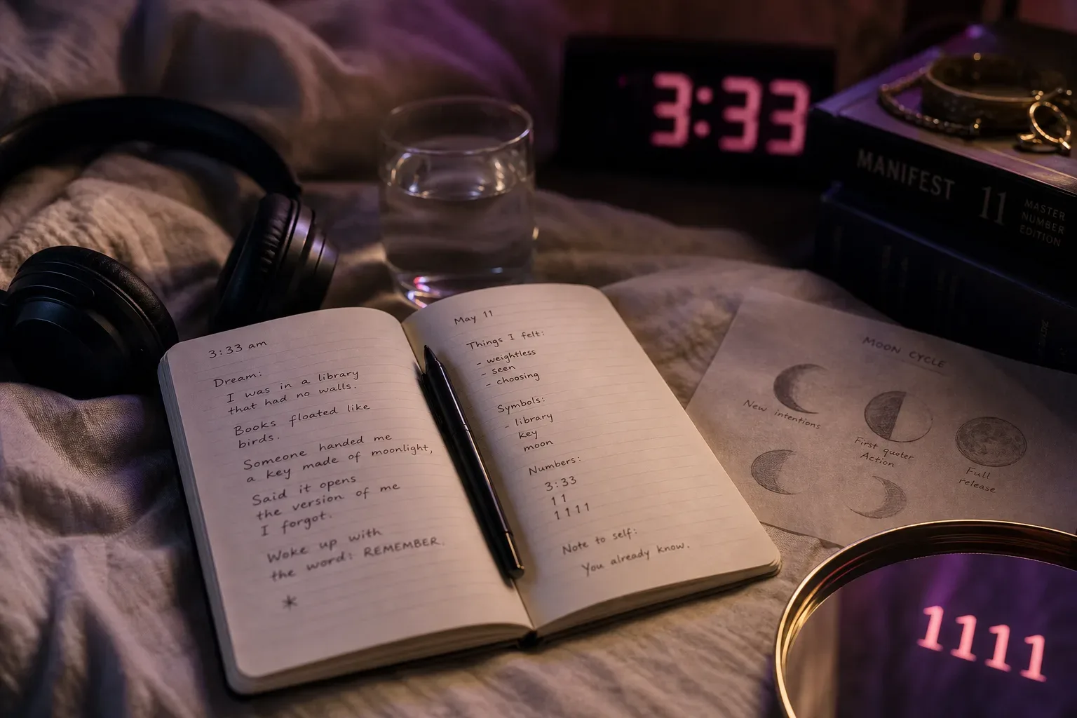Open dream journal beside headphones at dawn