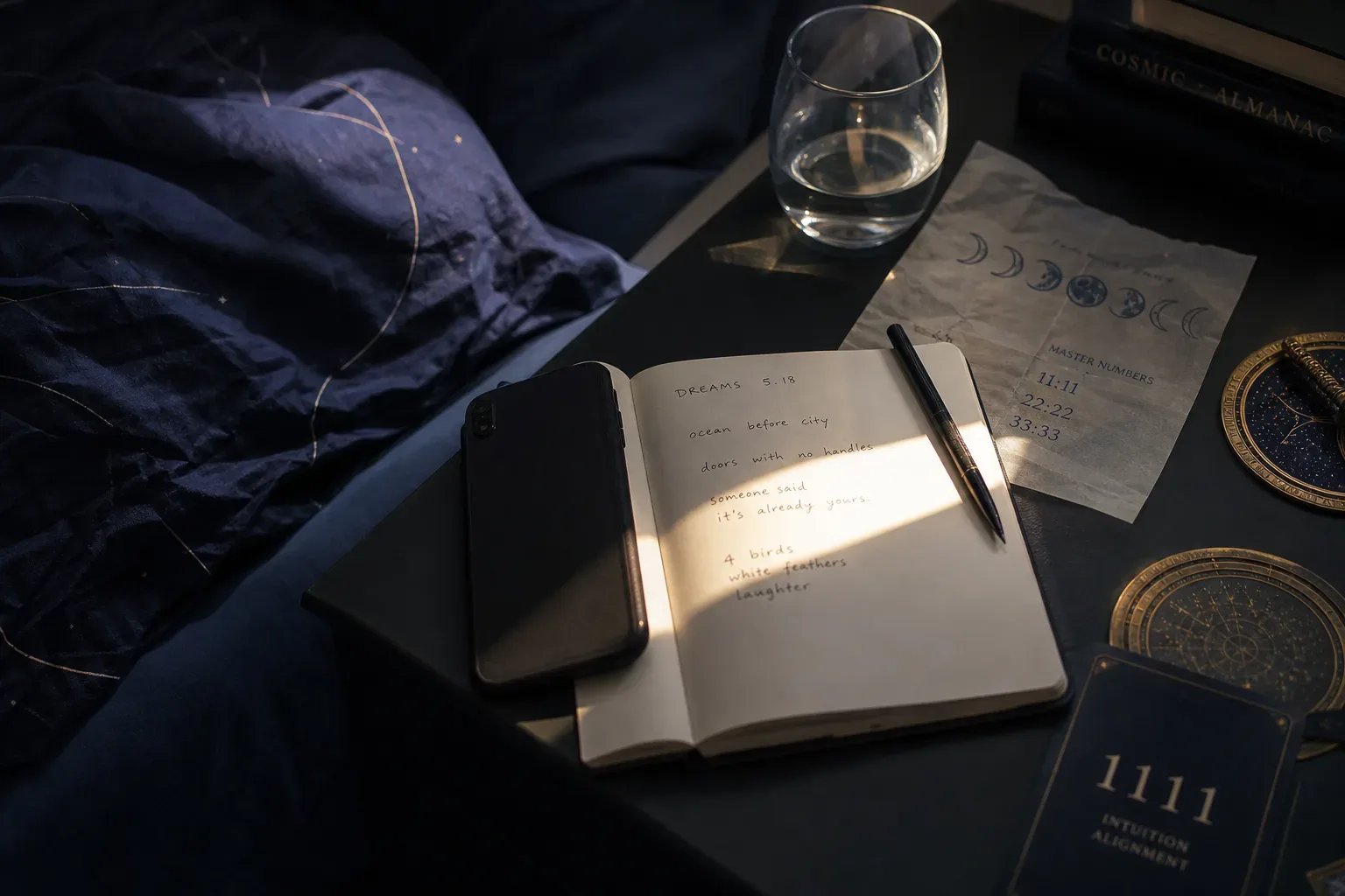 Morning notebook beside phone and soft bedside light