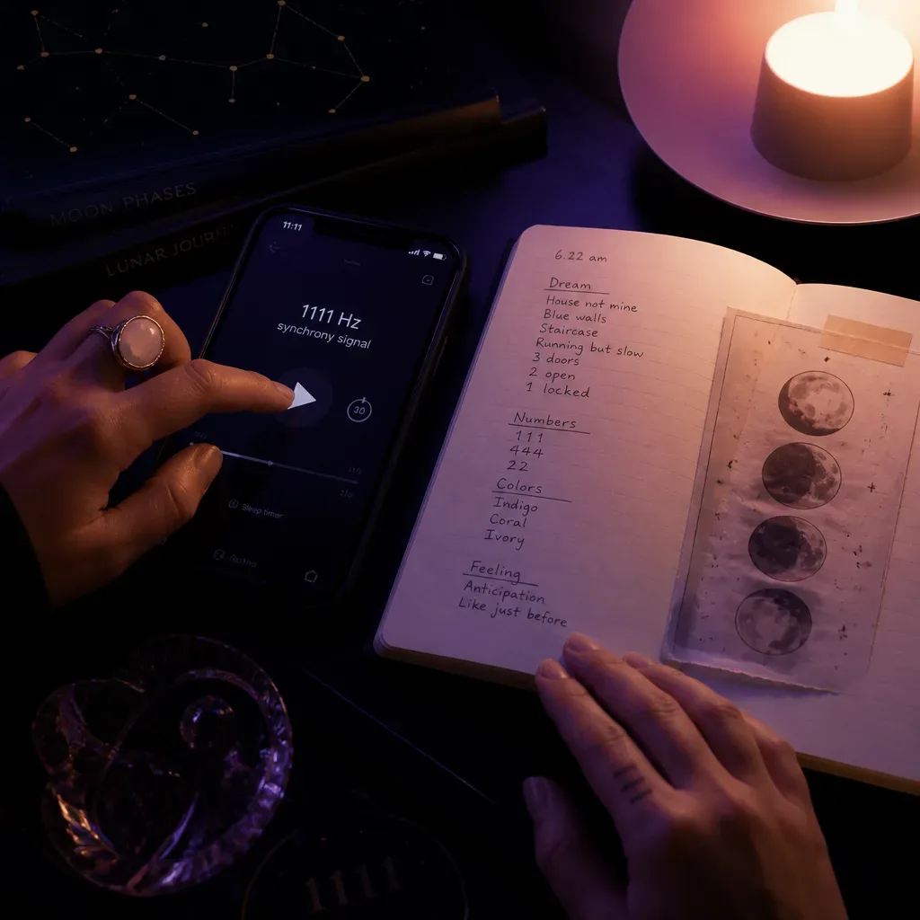 Hand playing audio beside open dream journal
