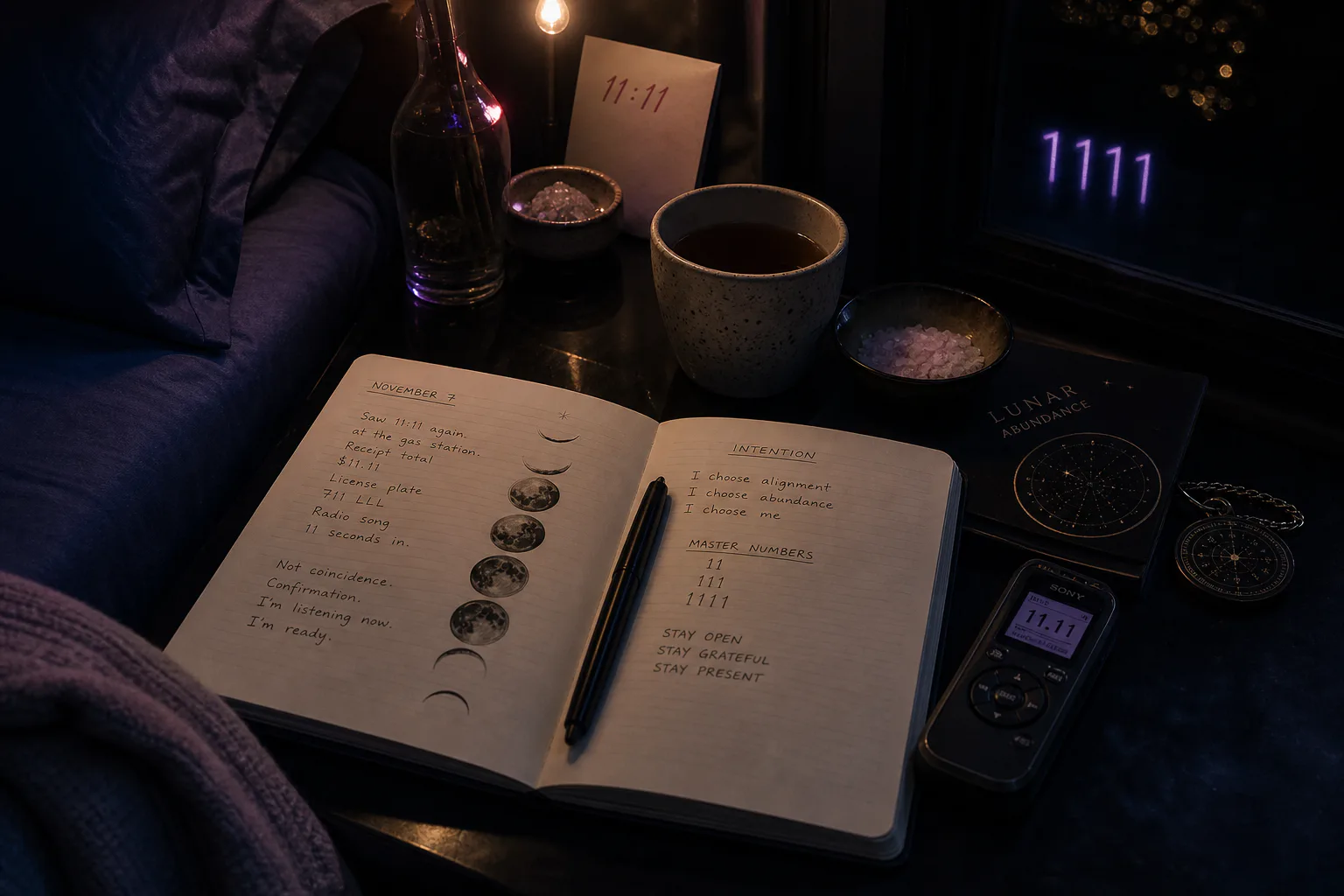 Open journal beside tea and a small recorder