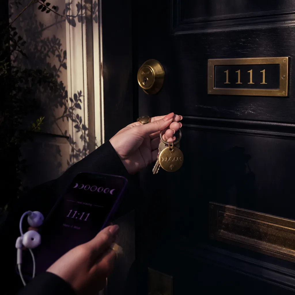 Hand with keys pausing outside front door