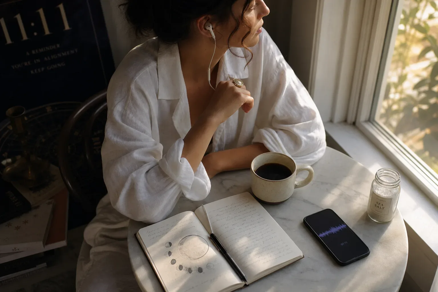 Woman listening beside morning coffee and notebook