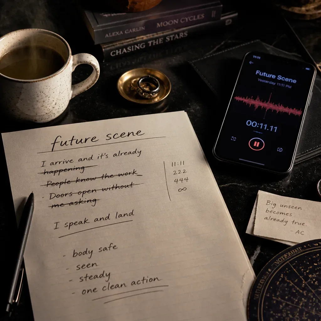 Handwritten Dream-Self script beside coffee and phone