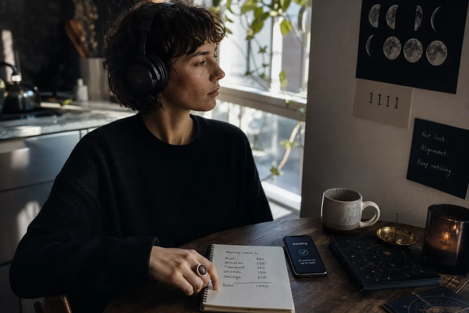 Person listening calmly beside open budget notebook