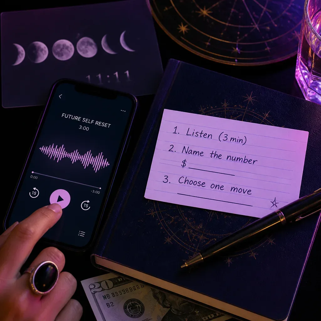 Phone audio beside notebook and bill
