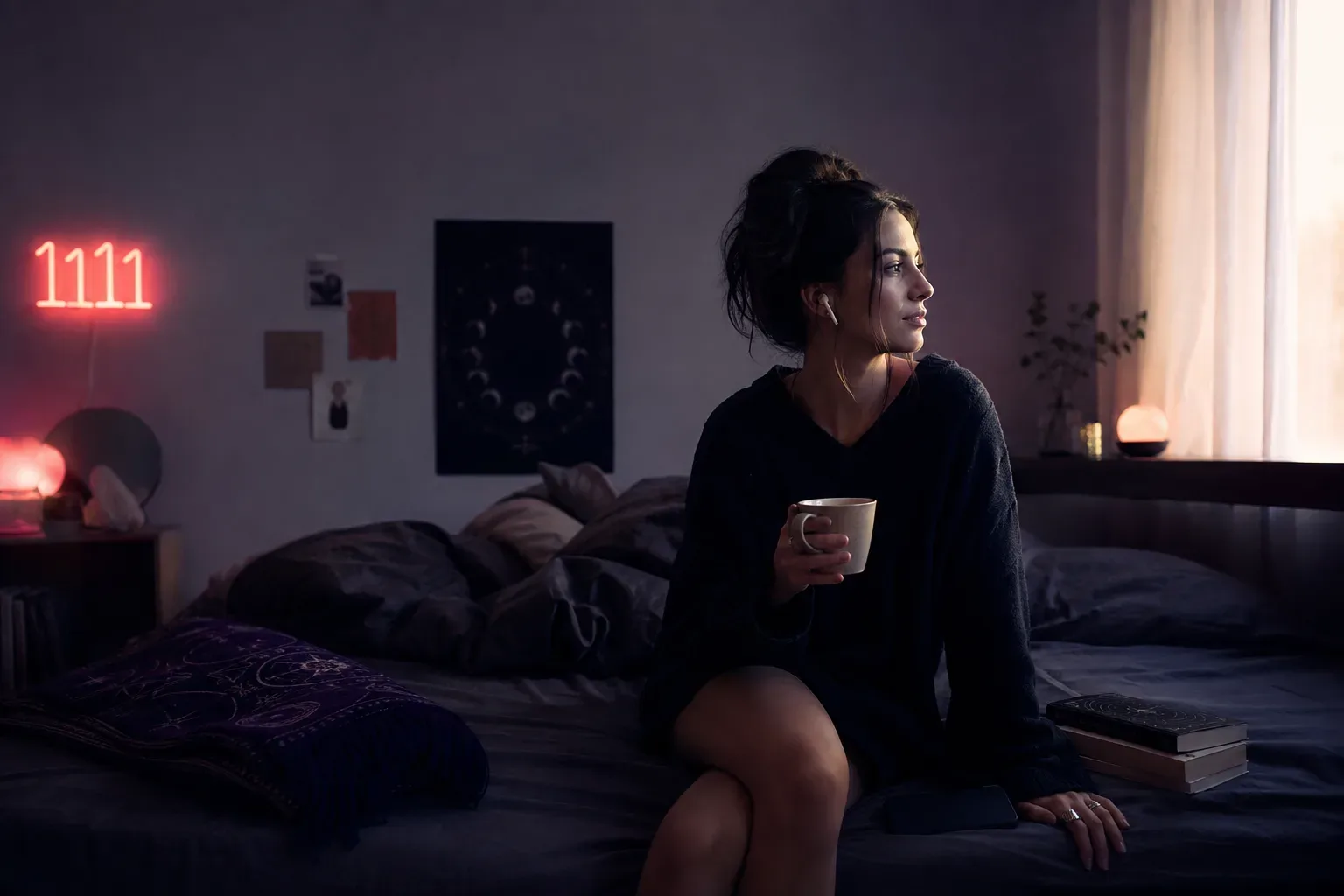 Woman listening by a quiet morning window