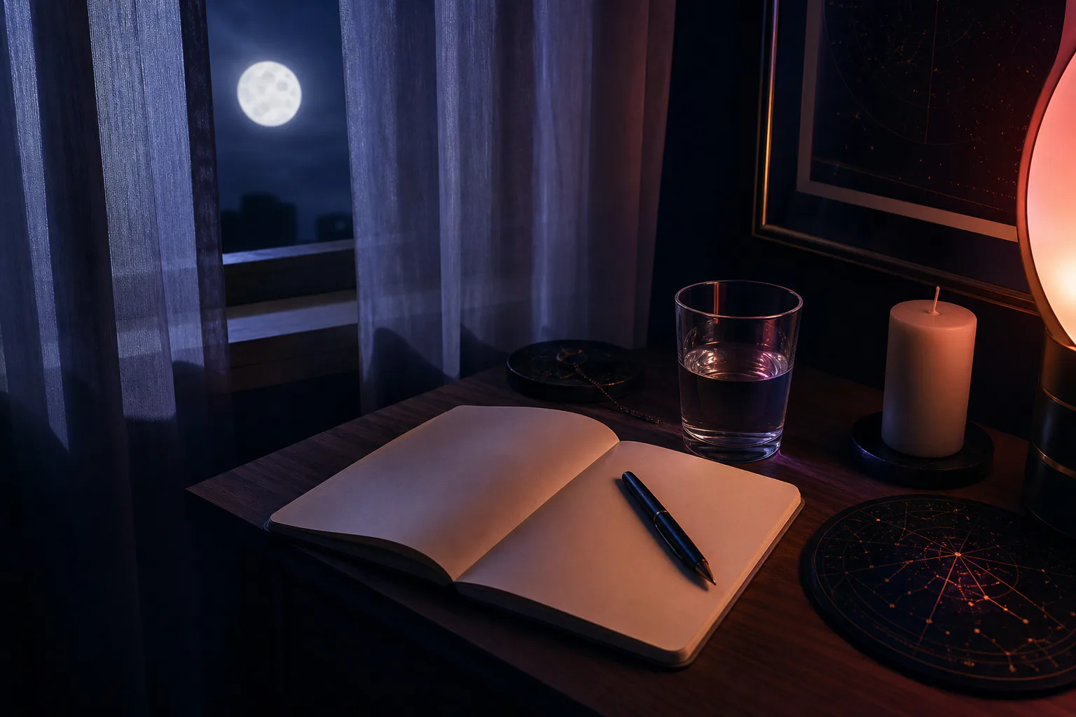 Candlelit notebook beneath a full moon window