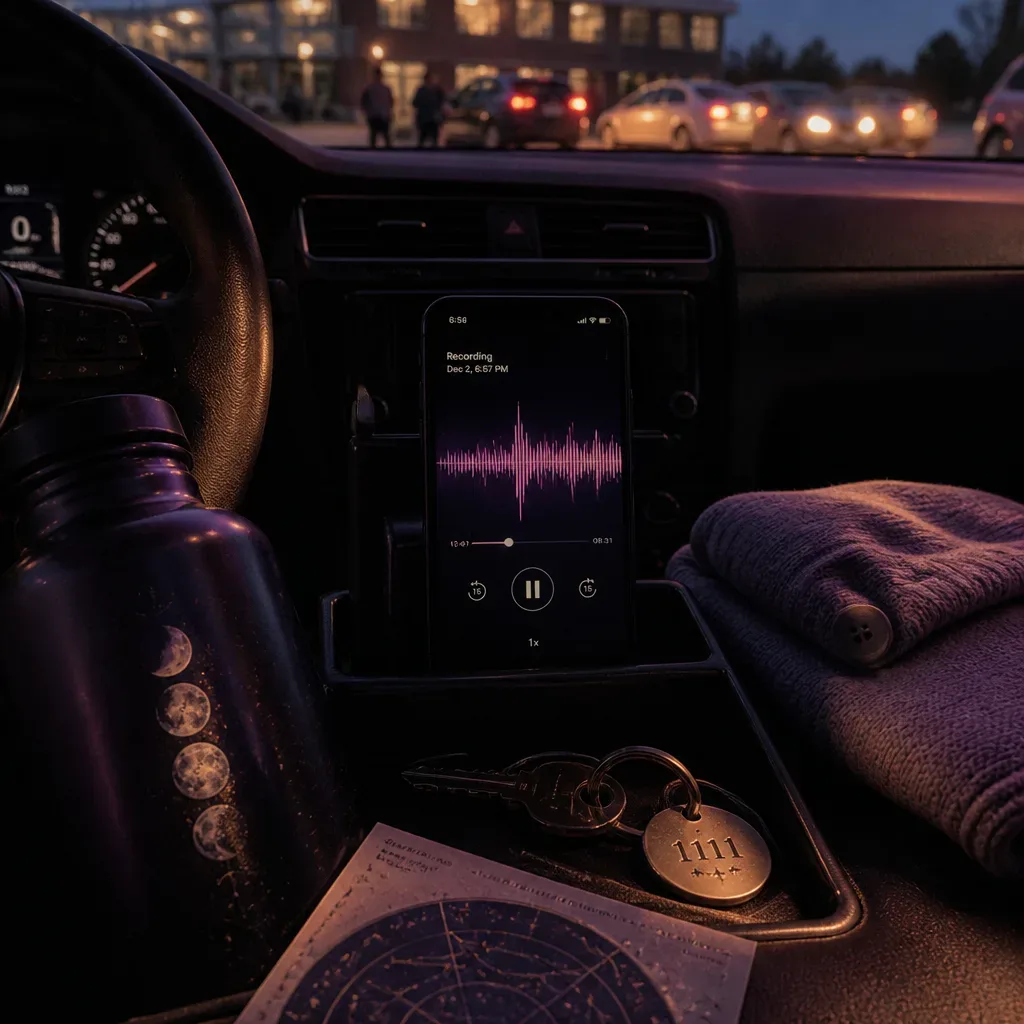 Celular reproduzindo áudio do eu futuro em um carro estacionado