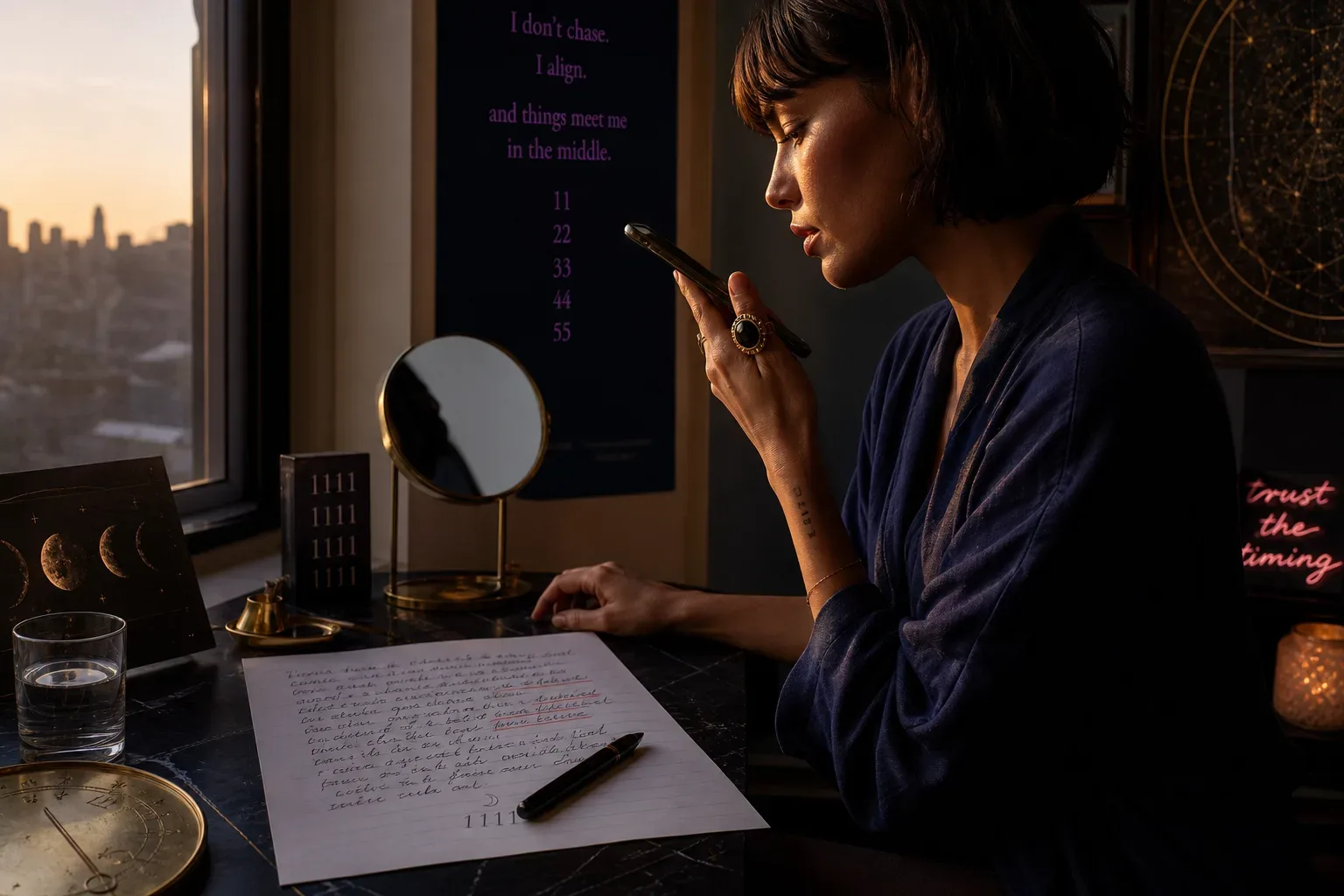 Woman recording a future self letter at dawn