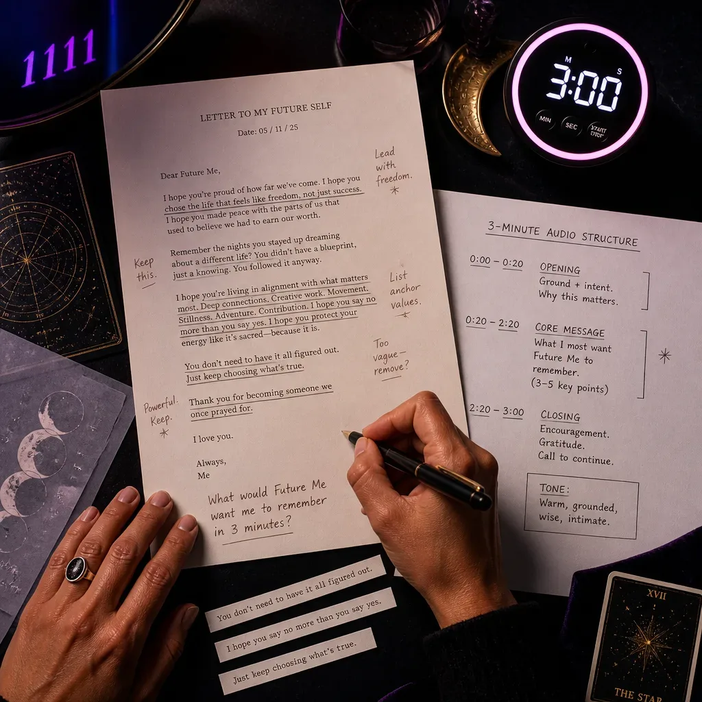 Edited future self letter beside three-minute timer