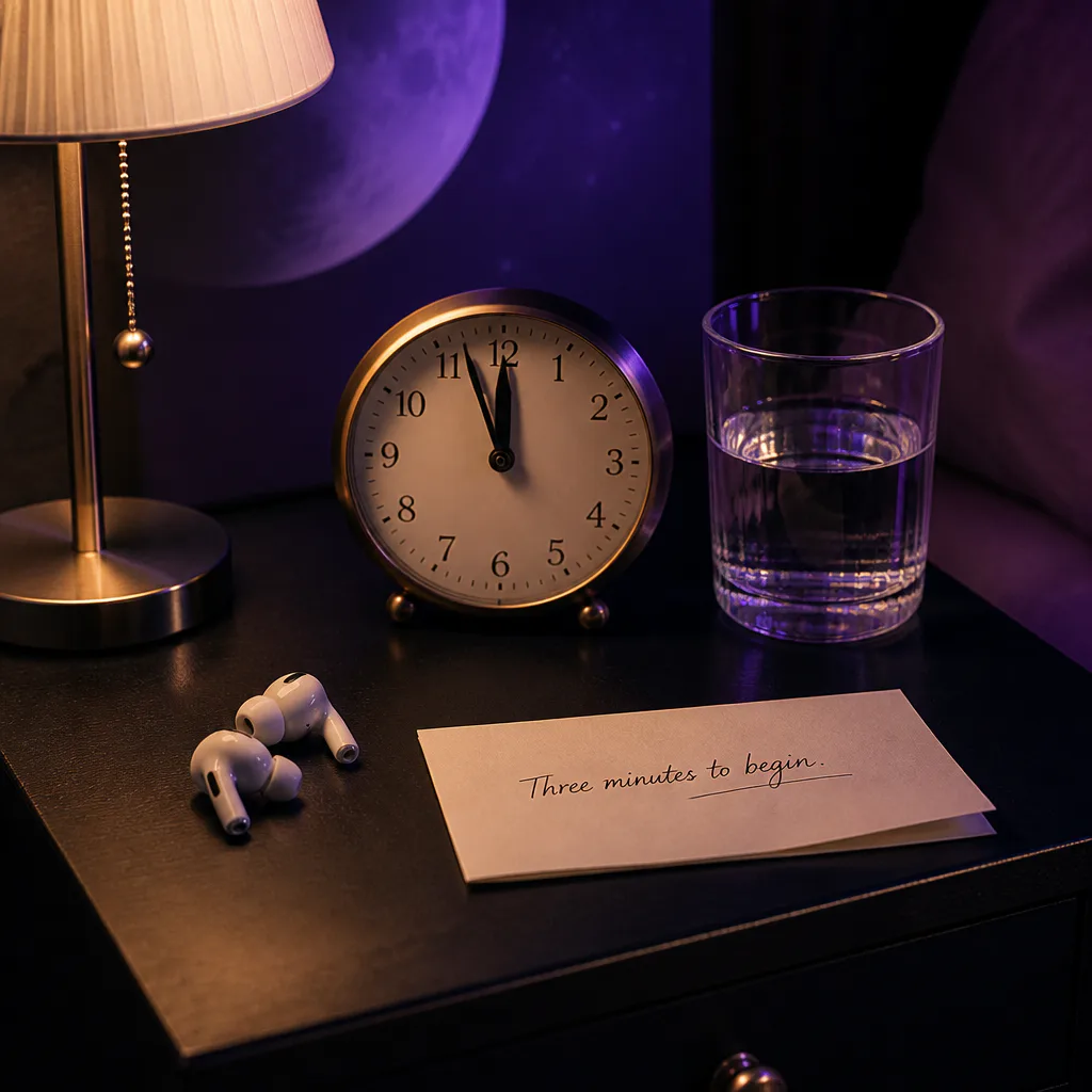 Earbuds and clock beside a handwritten reminder