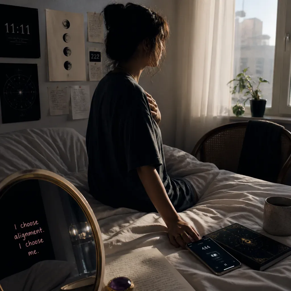 Person listening quietly on the edge of a bed